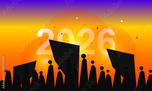 Hand-drawn crowd of people celebrating year 2026 with banners and confetti under a vibrant sunset sky authentic illustration