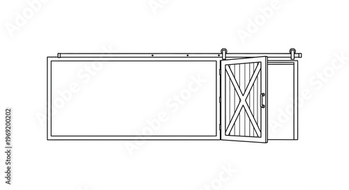 Minimalist barn door outline on sliding track with partially open panel for rustic home design