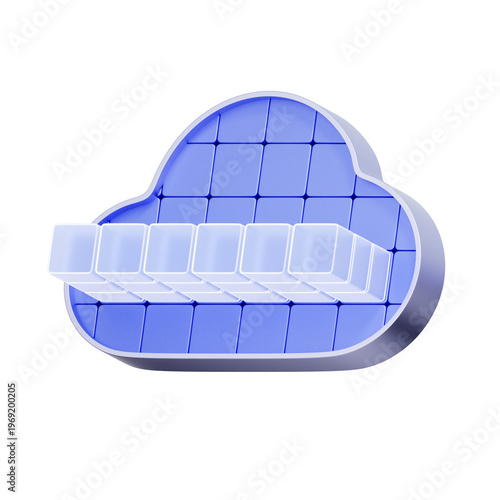 3D illustration of cloud shape with grid blocks for block storage, data structure, cloud architecture, database systems, volume management, and scalable infrastructure.
