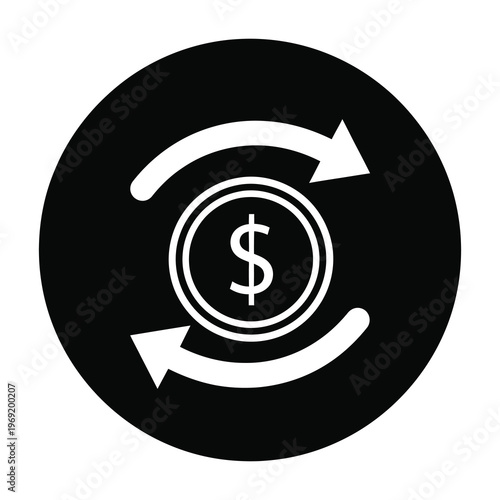White dollar coin with arrows on black circular background symbol icon