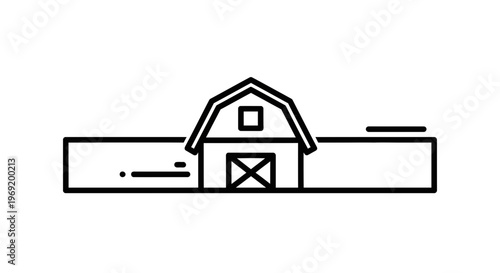 Minimalist black outline icon of a classic agricultural barn building with an attached fence line