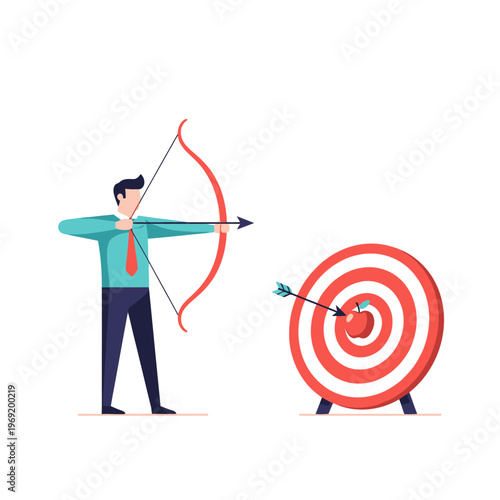 Businessman aiming bow and arrow at apple on target, goal achievement concept