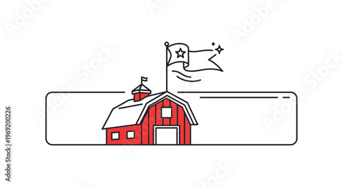 Charming minimalist red barn illustration featuring a triumphant star flag and a versatile text