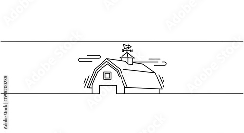 Minimalist barn line art with weathervane, representing rural architecture and farming heritage in