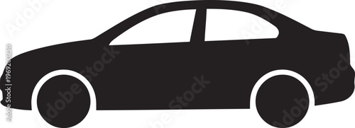 Clean black silhouette of a modern sedan car with wheels for transport and mobility
