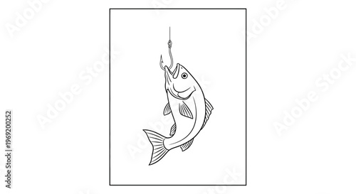 Simple line art illustration of a freshly caught fish hooked on a fishing line for recreation