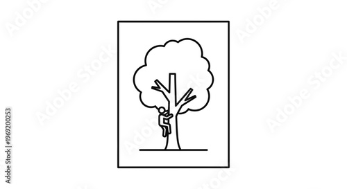 Minimalist line art illustration of an individual ascending a sturdy tree trunk with foliage