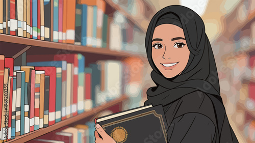 Young woman in a library holding a book while standing among the bookshelves in the afternoon light