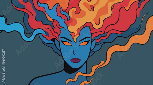 Bold illustration of a character with colorful hair and striking facial features in a modern style at an unknown time