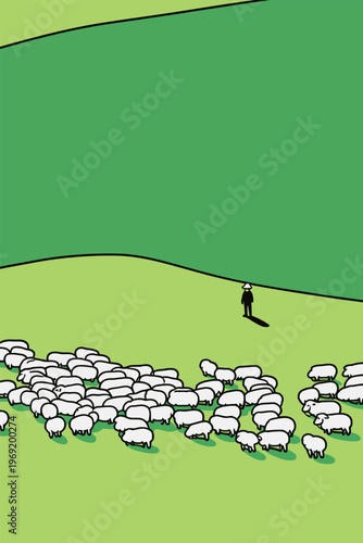 Person herding sheep on green pasture with a bright background in daytime