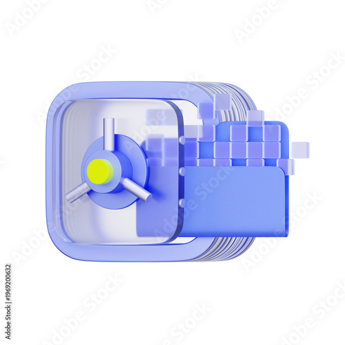 3D illustration of database folder with safe lock for financial security, data protection, encrypted storage, private vault, and banking systems.