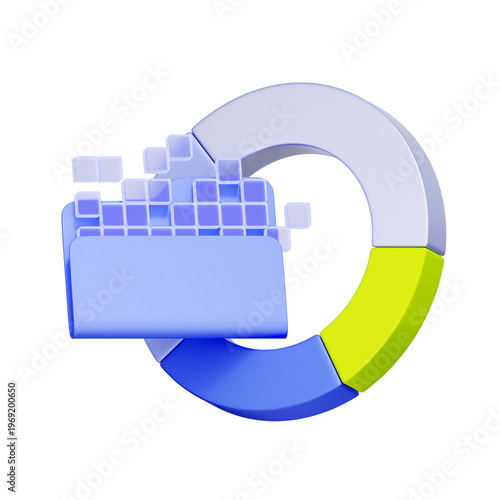 3D illustration of document folder with donut chart for data analysis, storage monitoring, financial reports, business intelligence, and database metrics.