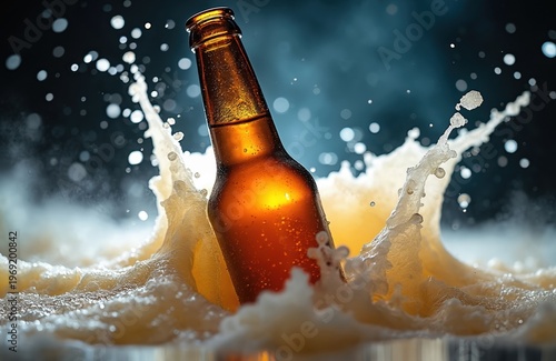 Amber beer bottle creates massive splash in foamy liquid. Bubbles rise fast around amber beverage. Cold refreshing drink cascades, creating dynamic motion with drops.