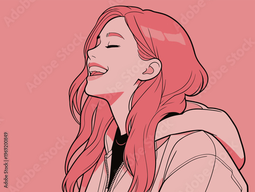 Young woman with pink hair smiles brightly against a pink background while wearing a hoodie and shows joy in the moment