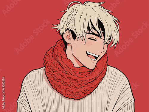 Young man smiles while wearing a thick red scarf against a bright red background in a cheerful moment