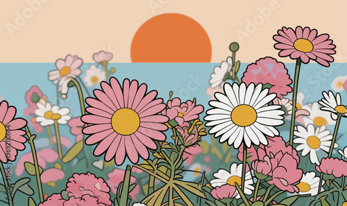 Bright flowers and sun over a field during day time in a simple landscape scene