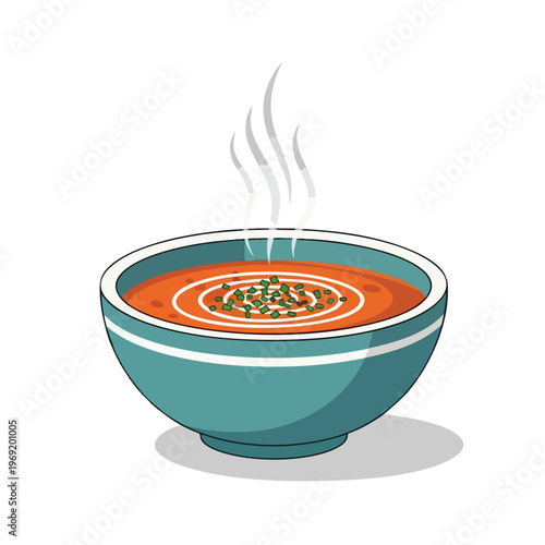 A steaming bowl of tomato soup with cream swirl and chopped herbs