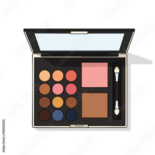 Open makeup palette with eyeshadow, blush, bronzer, and applicators