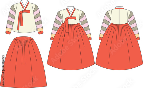Traditional Korean hanbok dress vector illustration, elegant cultural clothing design, flat template, female outfit front back views, fashion garment set