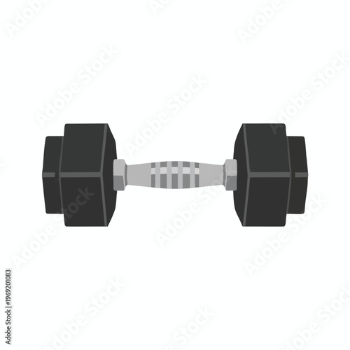 A black hexagonal dumbbell with a textured gray handle sits on a white background