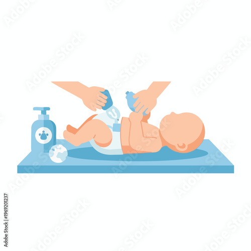 Parent changing a baby's diaper with cleansing products on a changing table