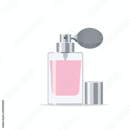 Elegant pink perfume bottle with silver atomizer and cap, minimalist design