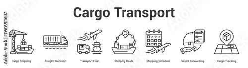 Cargo Transport web banner icon set vector illustration concept for business with icon of Cargo Shipping, Freight Transport, Transport Fleet, Shipping Route, Shipping Schedule, Freight Forwardi.