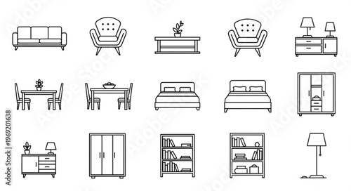 Collection of Furniture Line Art Illustrations for Interior Design.