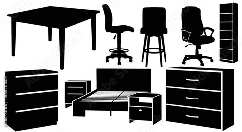 Silhouette Collection of Furniture - Tables, Chairs, Beds, and Storage.