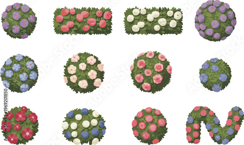 Top view garden bushes set, colorful floral shrubs collection, landscape design elements, vector illustration for landscaping plans and outdoor greenery