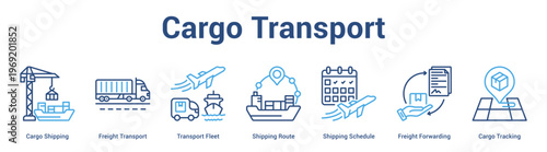 Cargo Transport web banner icon set vector illustration concept for business with icon of Cargo Shipping, Freight Transport, Transport Fleet, Shipping Route, Shipping Schedule, Freight Forwardi.