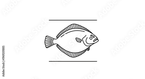 Minimalist line art illustration of a bottom dwelling flatfish for seafood concepts