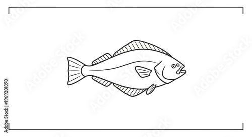 Minimalist black line art illustration of a swimming fish marine creature design element for