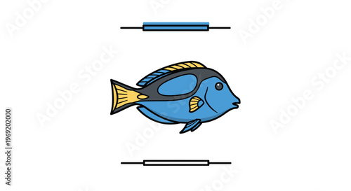 Vibrant blue tang fish cartoon illustration swimming peacefully, isolated on a clean white