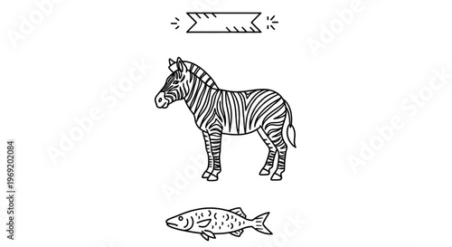 Minimalist black and white line art illustration showcasing a wild zebra and a fish, complemented