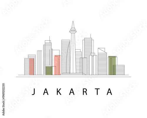Minimalist Jakarta Skyline Line Art with Monas Landmark – Modern City Outline Vector, Urban Architecture Illustration, Indonesia Cityscape Design, vector art