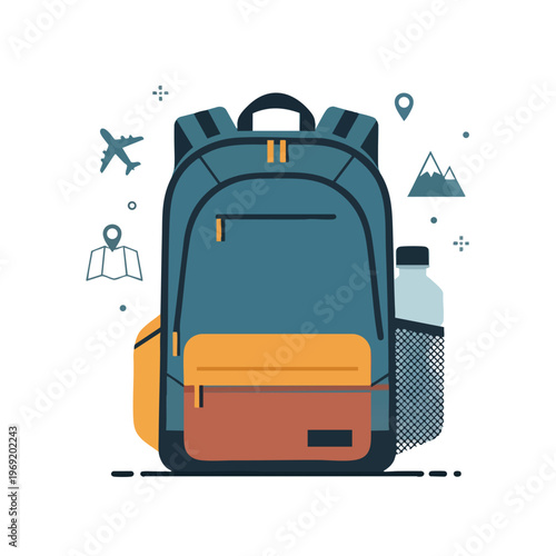 Modern backpack with travel icons airplane, map, mountains, and water bottle