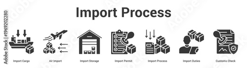 Import Process web banner icon set vector illustration concept for business with icon of Import Cargo, Air Import, Import Storage, Import Permit, Import Process, Import Duti.
