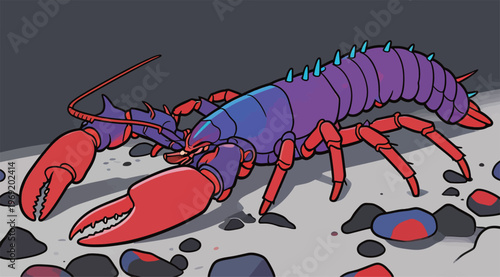 Lobster crawls on the ocean floor during day time near colorful rocks in a marine habitat