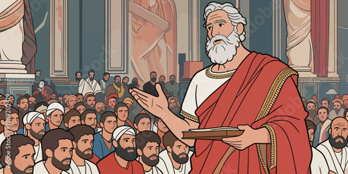 Ancient meeting in a grand hall with a speaker addressing a large crowd of listeners