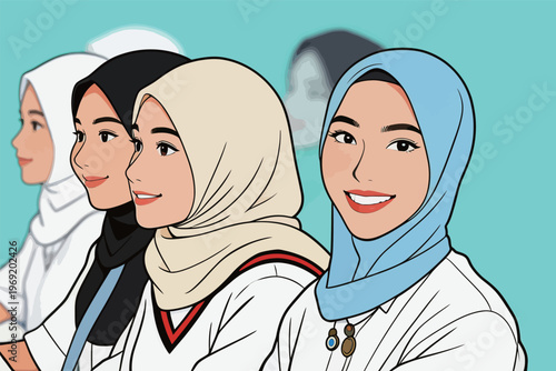 Women with hijabs sitting together and smiling during a class or event in bright colors