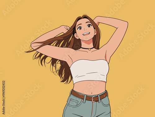 Woman smiles while playing with her hair in a colorful setting during daylight