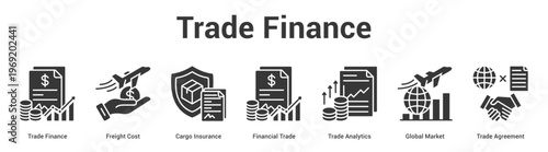 Trade Finance web banner icon set vector illustration concept for business with icon of Trade Finance, Freight Cost, Cargo Insurance, Financial Trade, Trade Analytics, Global Mark.