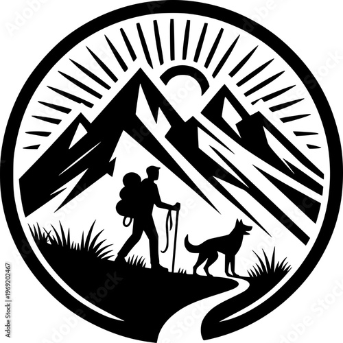 Black silhouette vector illustration of a man with his dog hiking under a bright sun and sky