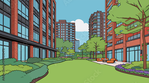 View of an urban courtyard with buildings, green areas, and seating in a sunny day scene