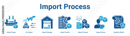 Import Process web banner icon set vector illustration concept for business with icon of Import Cargo, Air Import, Import Storage, Import Permit, Import Process, Import Duti.