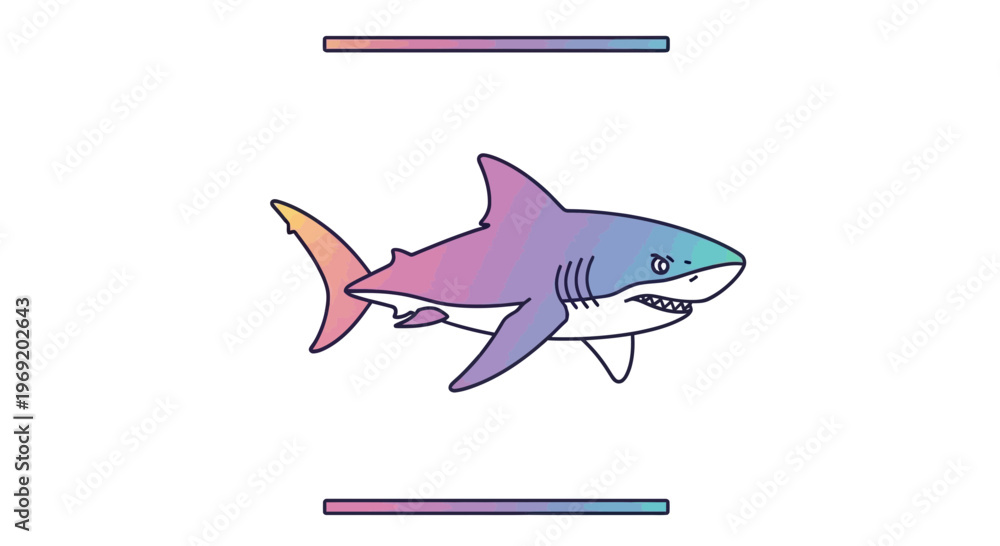 Obraz premium Playful gradient colored cartoon shark with a fierce expression and simple line art illustration