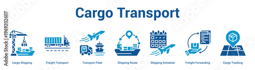 Cargo Transport web banner icon set vector illustration concept for business with icon of Cargo Shipping, Freight Transport, Transport Fleet, Shipping Route, Shipping Schedule, Freight Forwardi.