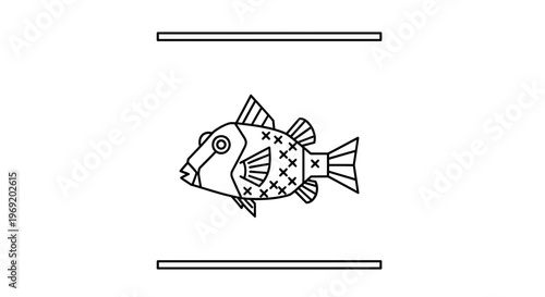 Minimalist vector line art illustration of a stylized fish with unique body patterns and graphic