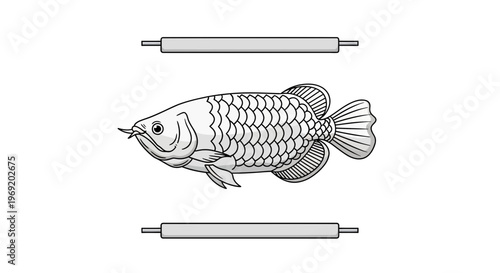 Stylized arowana fish vector art featuring intricate scales and barbels accompanied by generic